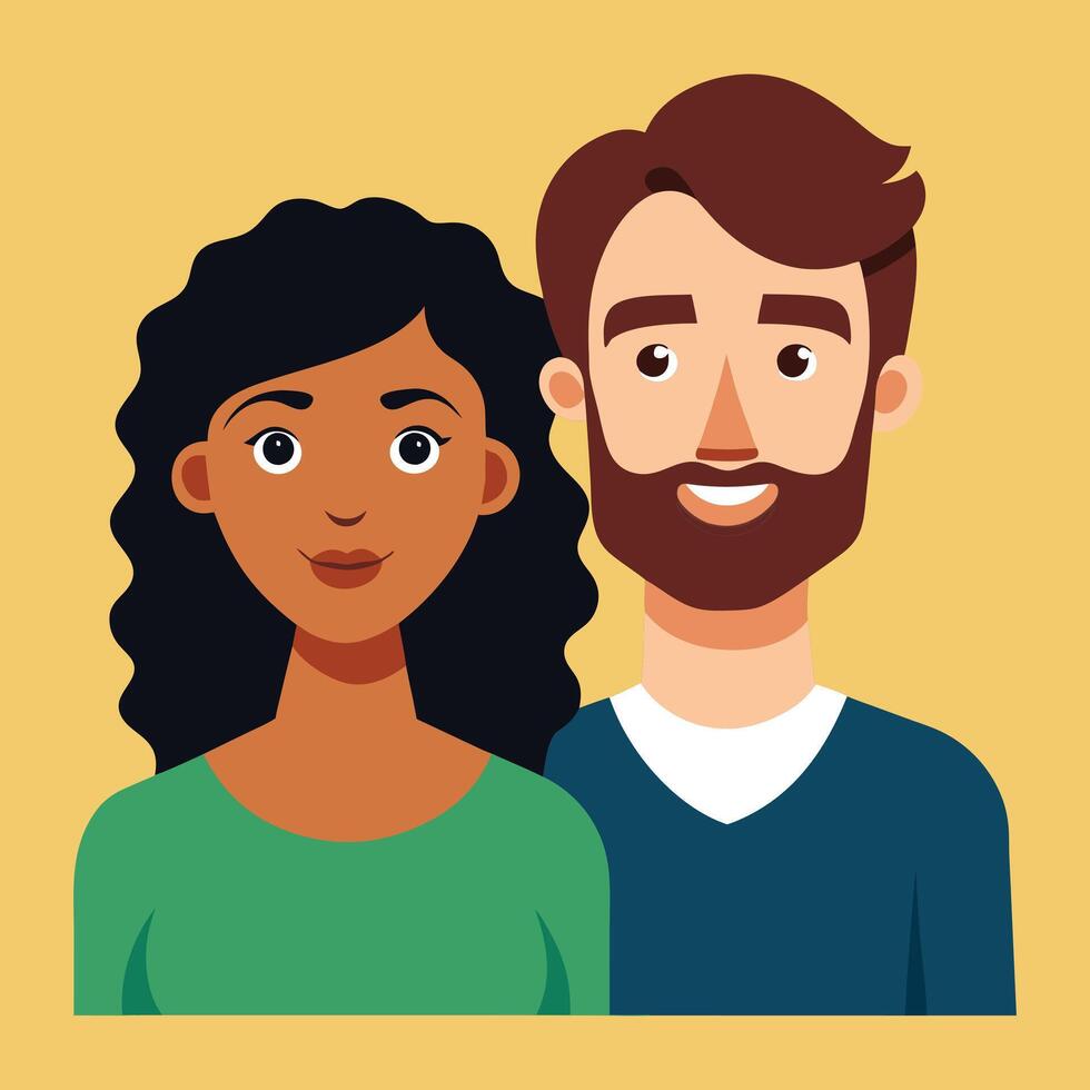 a man and woman are standing together in front of a yellow background vector