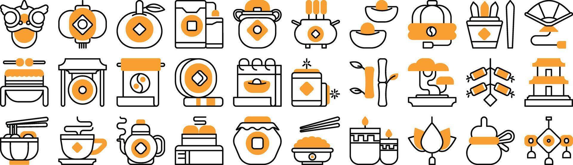 Modern monochrome duo-tone icon set for lunar new year events vector