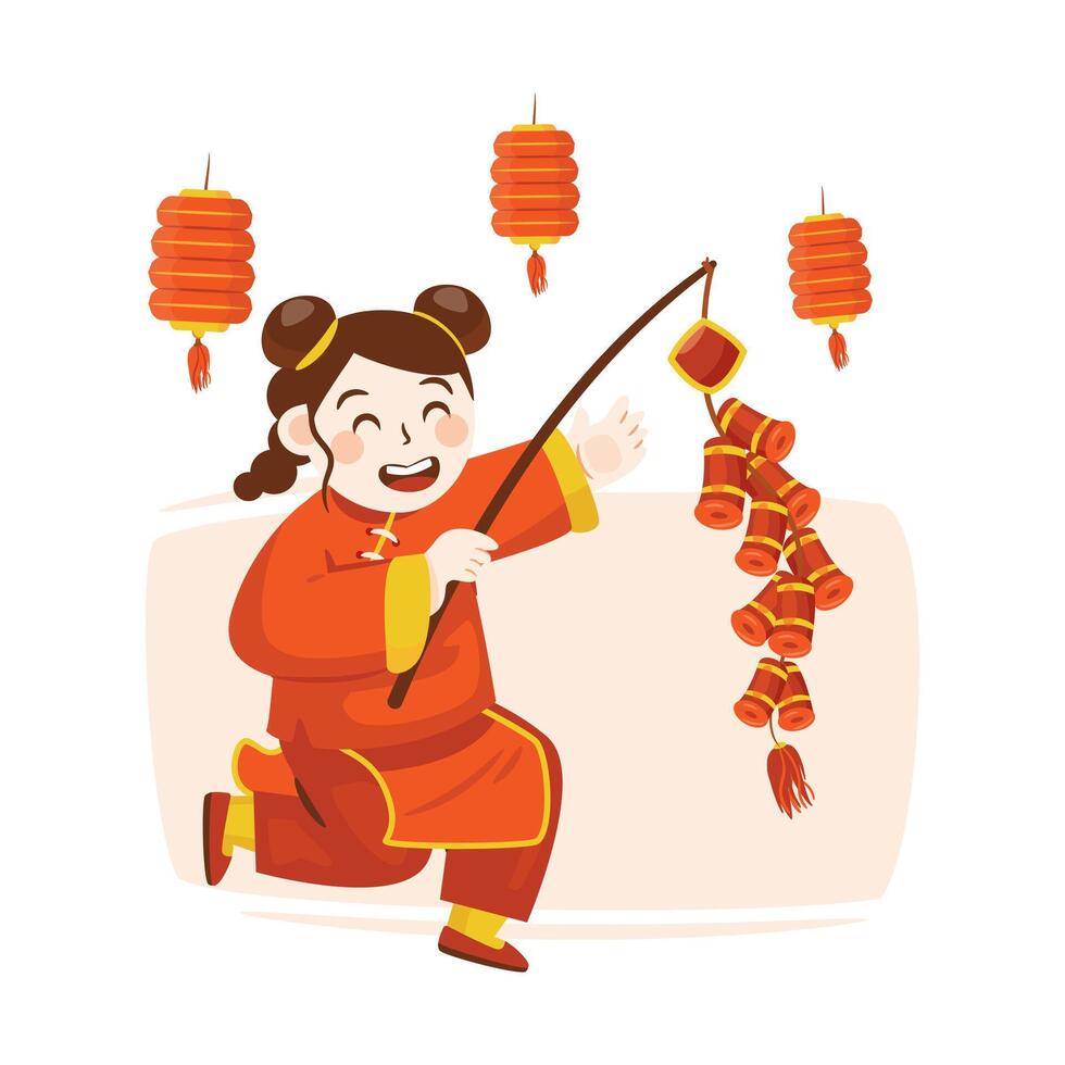 Flat illustration of happy Chinese girl character playing firecrackers vector