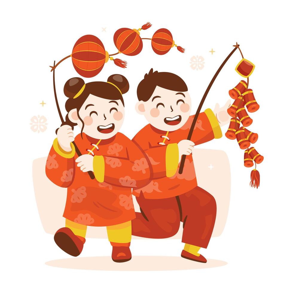 Two kids playing with lanterns and firecrackers celebrating Chinese New Year festival vector