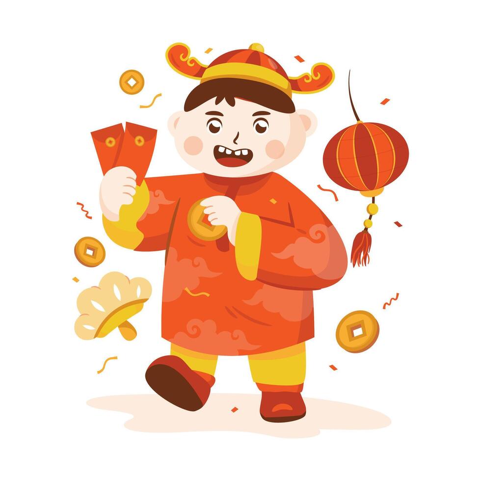 Flat design cute Chinese boy character getting angpao red envelopes vector