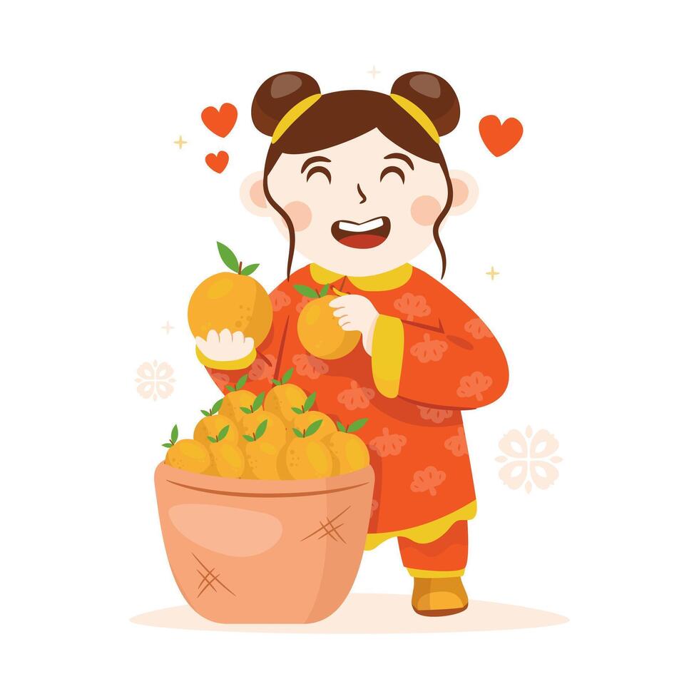 Cute Chinese girl with fortune orange fruit illustration vector