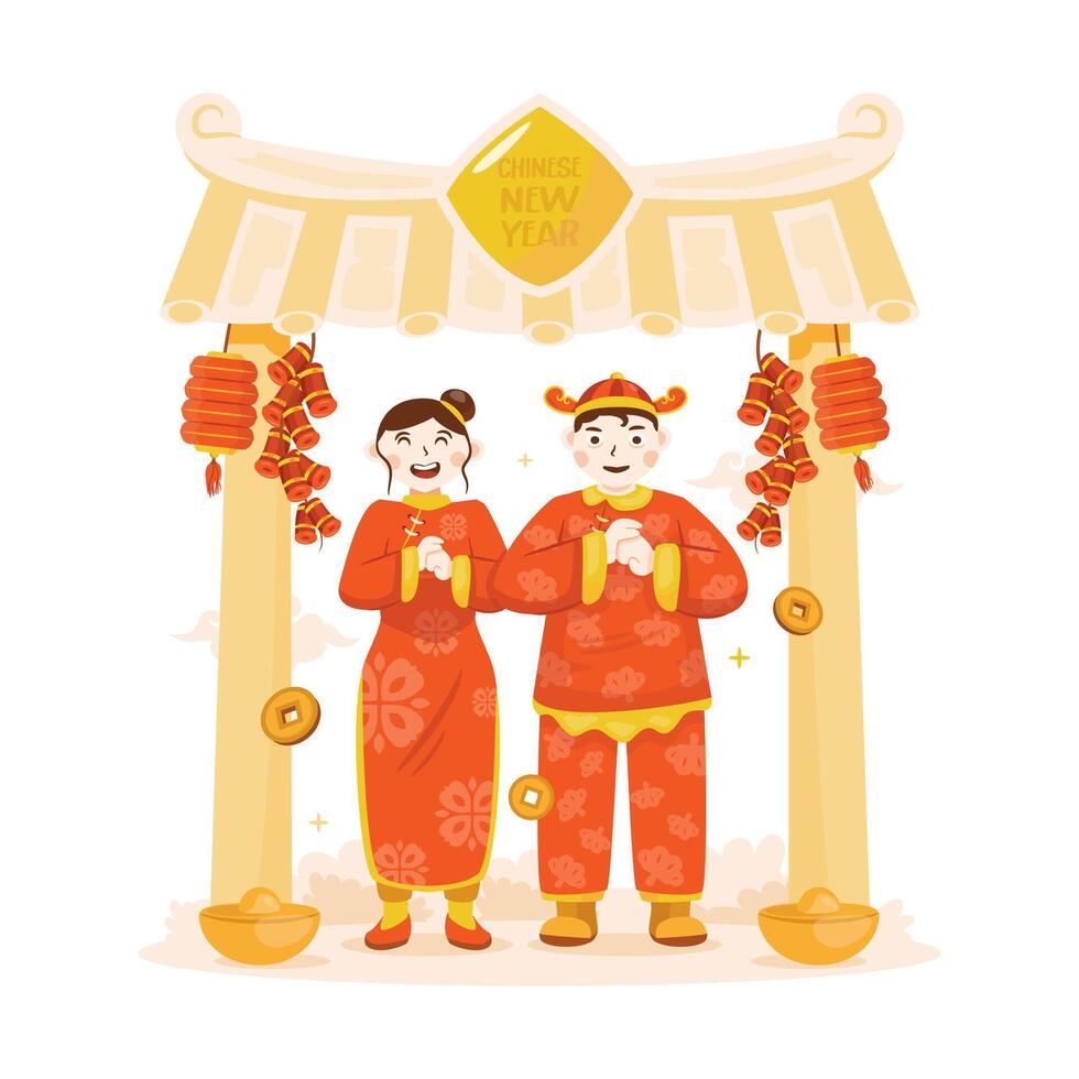 Chinese New Year greetings with illustration of young Chinese couple vector
