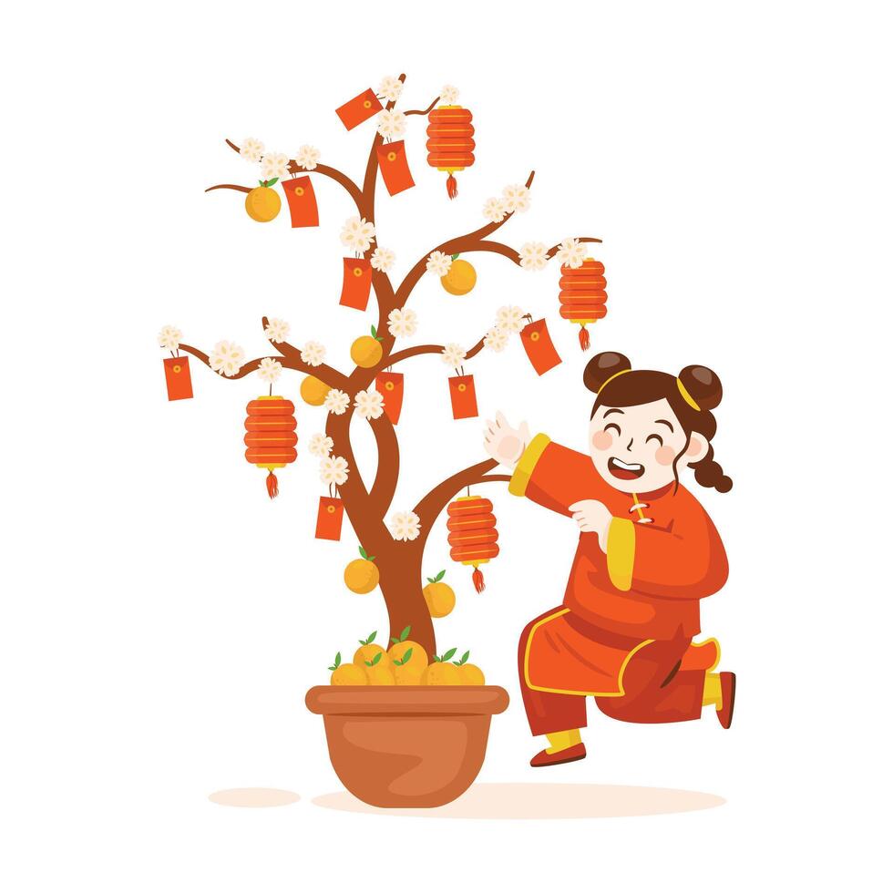 Flat illustration of happy Chinese girl character with angpao tree vector