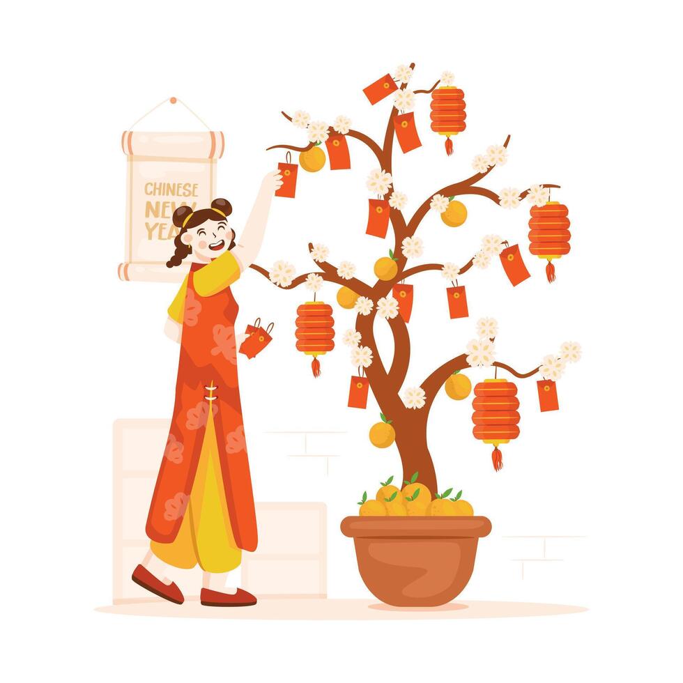 Illustration of cute girl decorating Chinese angpao tree vector