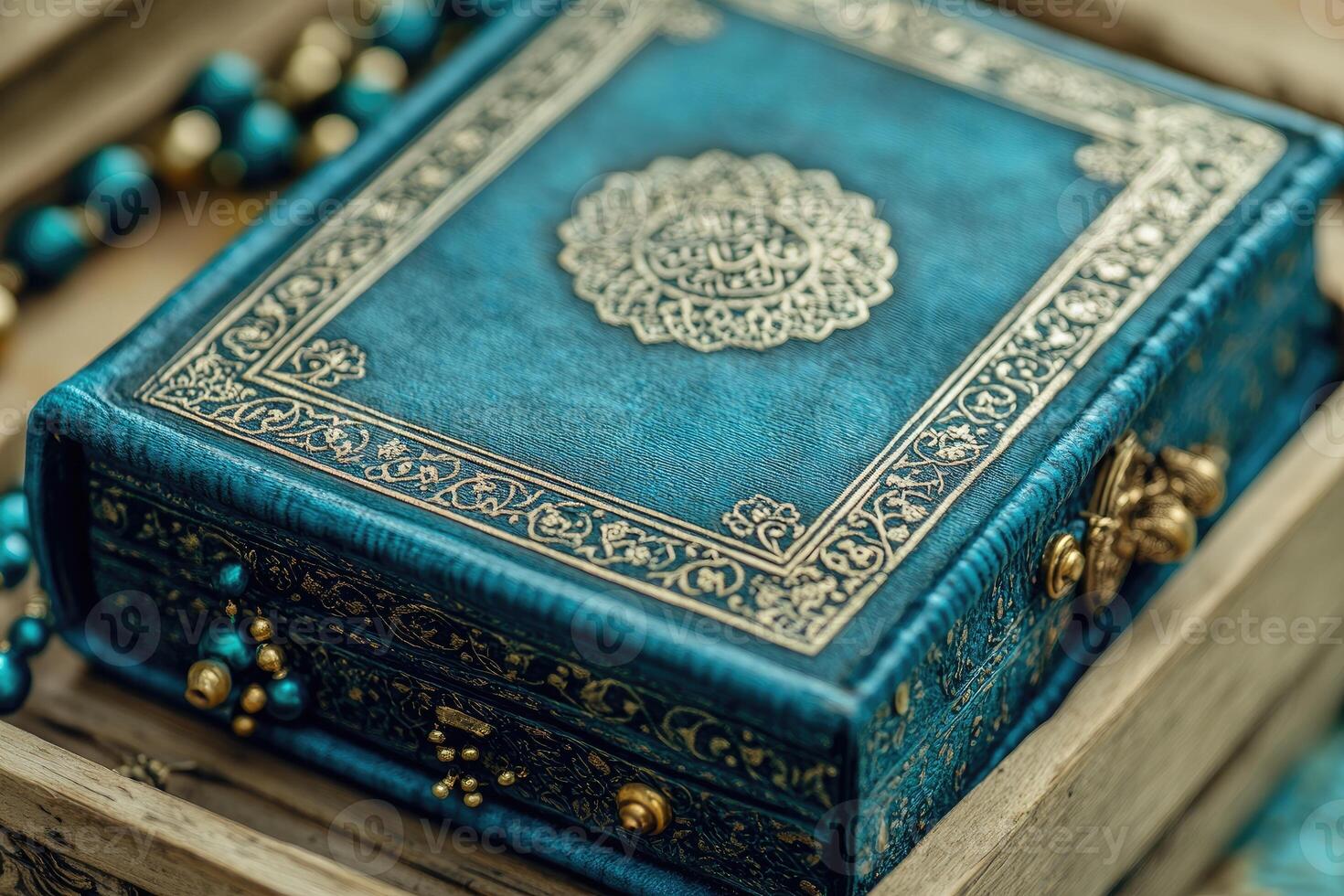 A blue box with gold and blue beads photo