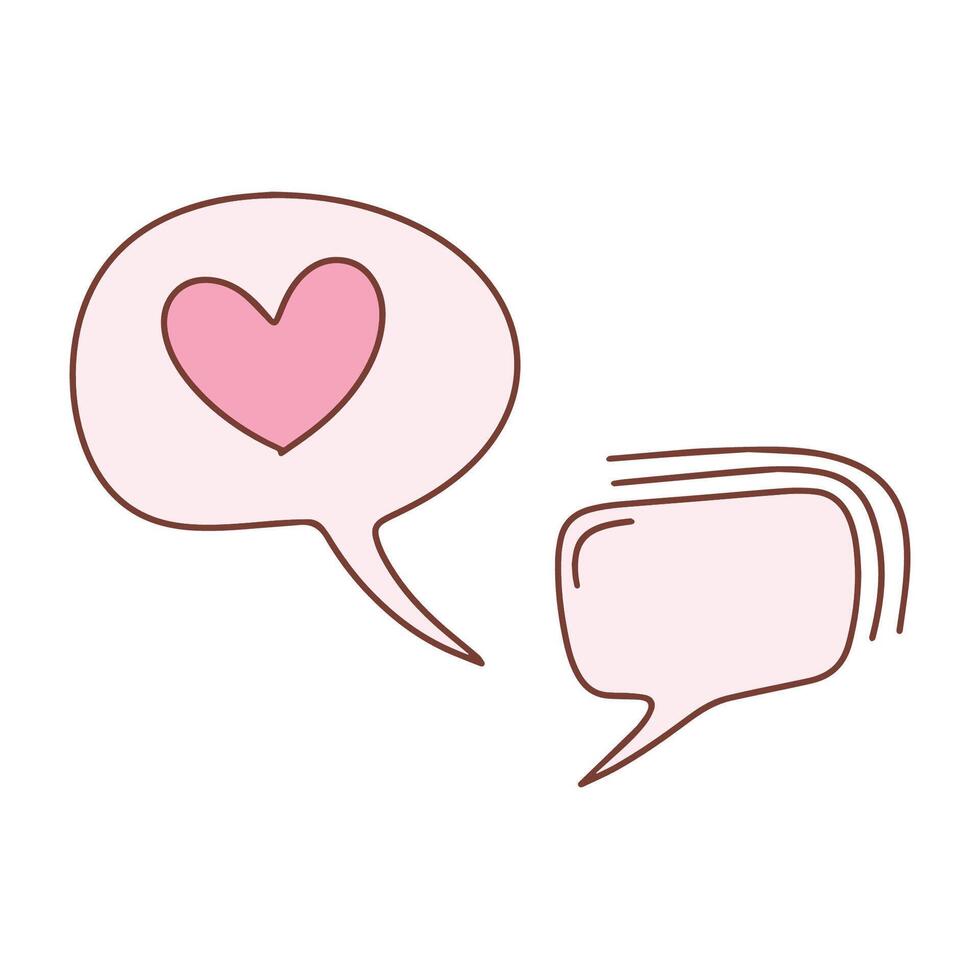 Speech, bubble, dialog boxes in doodle style. Chat notifications with heart isolated on white background. Love concept. vector