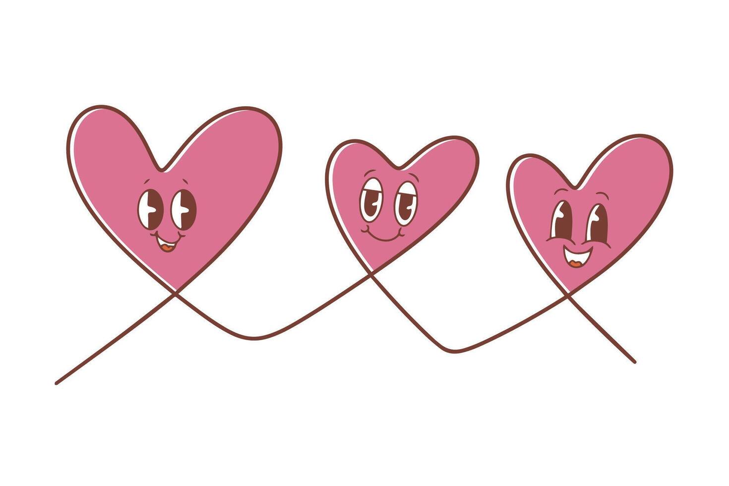 Continuous line drawing of three hearts, minimalistic concept of love and family. Cute kawaii hearts. illustration. vector