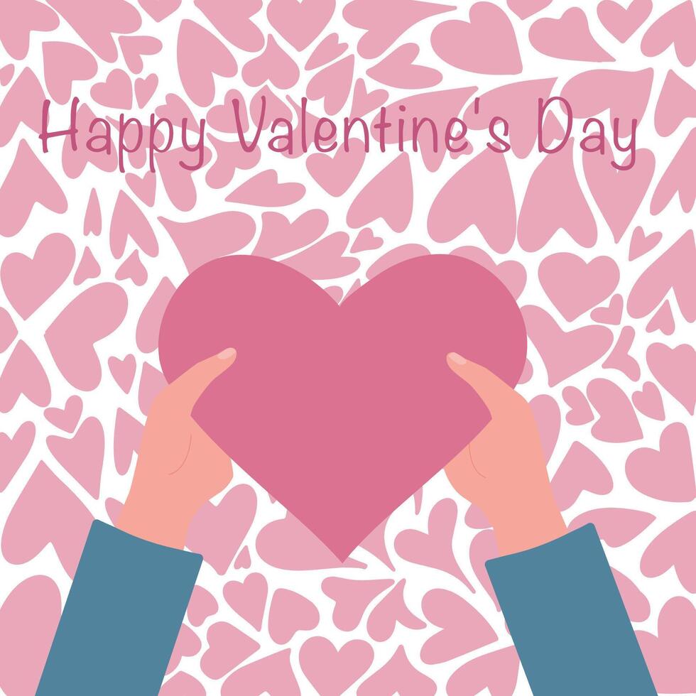 Hands holding a heart. Heart, symbol of love and Valentine's Day. illustration on a background of pink hearts. vector