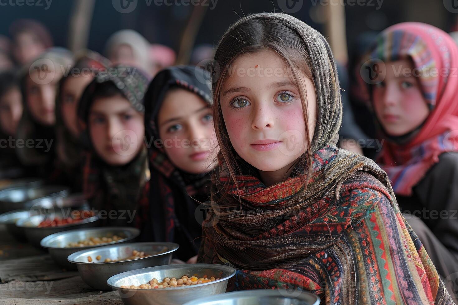 A group of young girls are sitting at a table with bowls of food photo