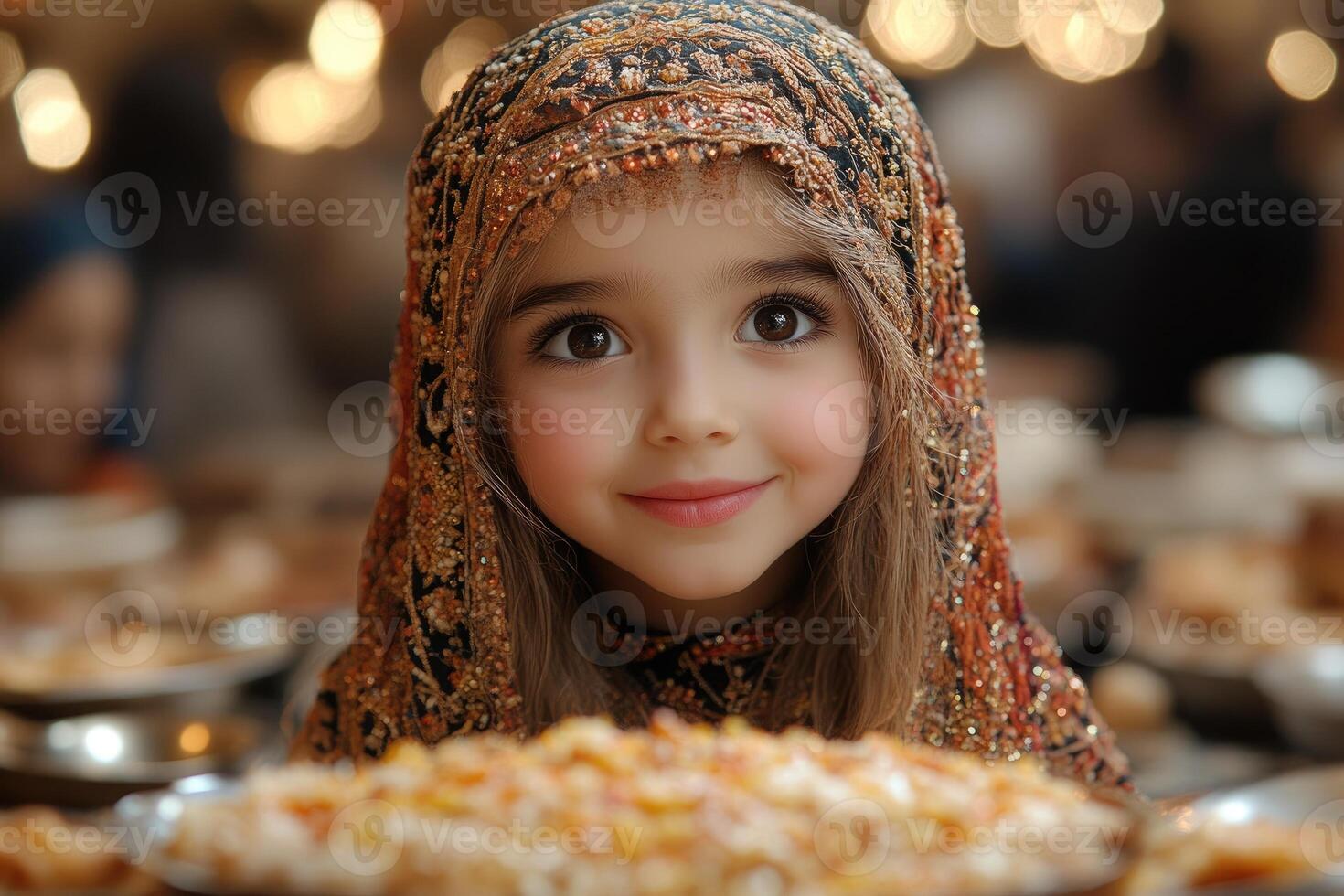 A little girl in a headscarf is smiling photo