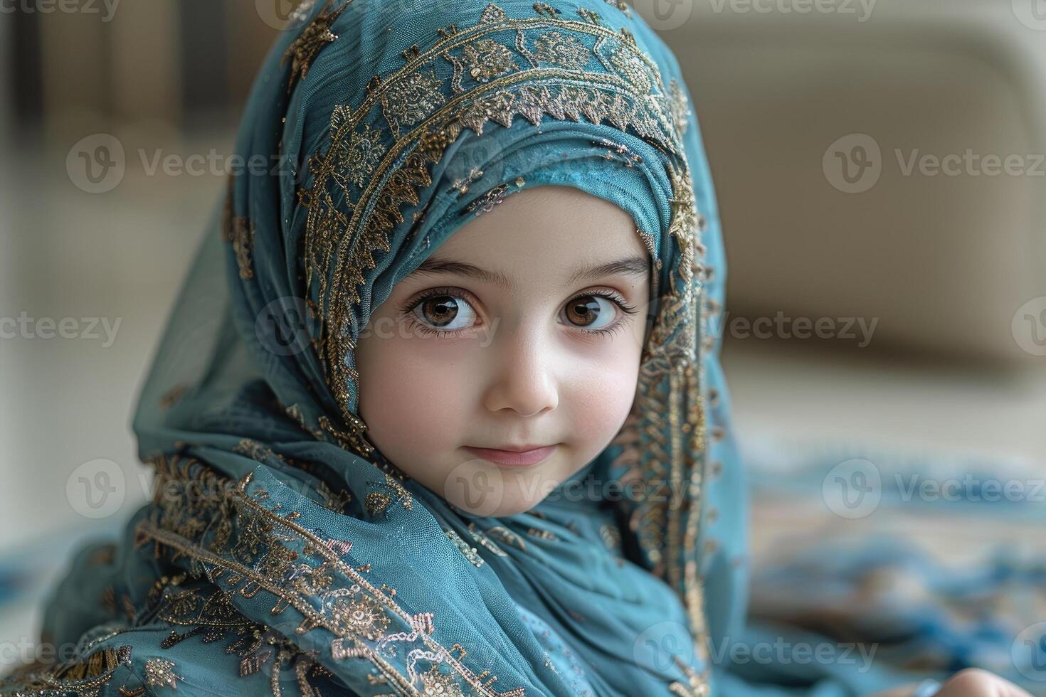 A little girl wearing a blue hijab photo