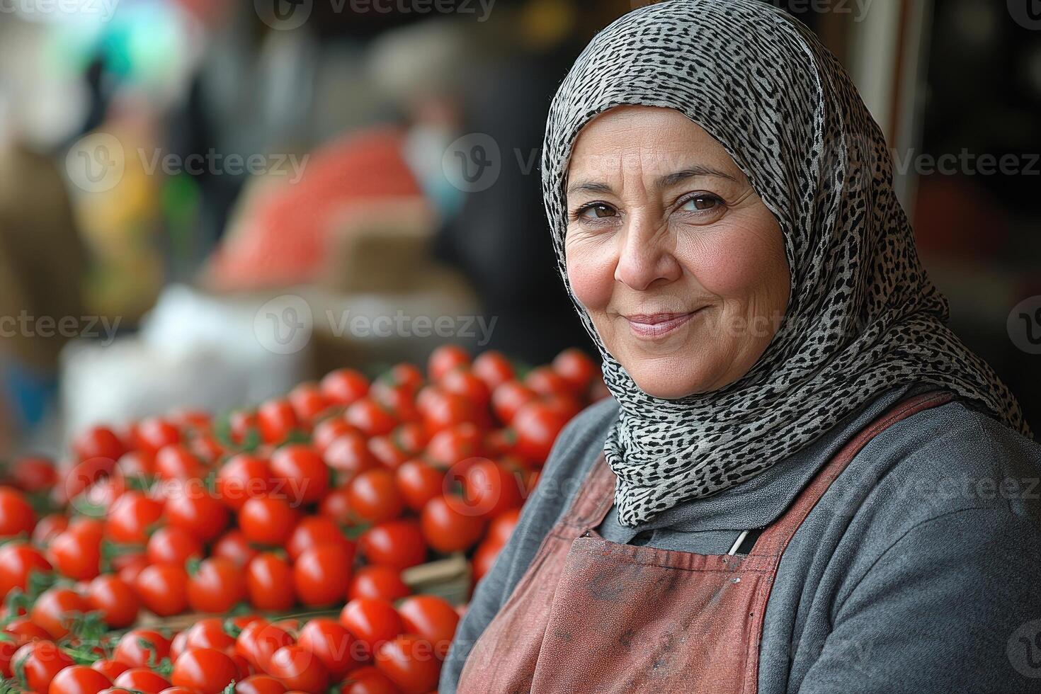 A woman in a headscarf standing in front of tomatoes photo