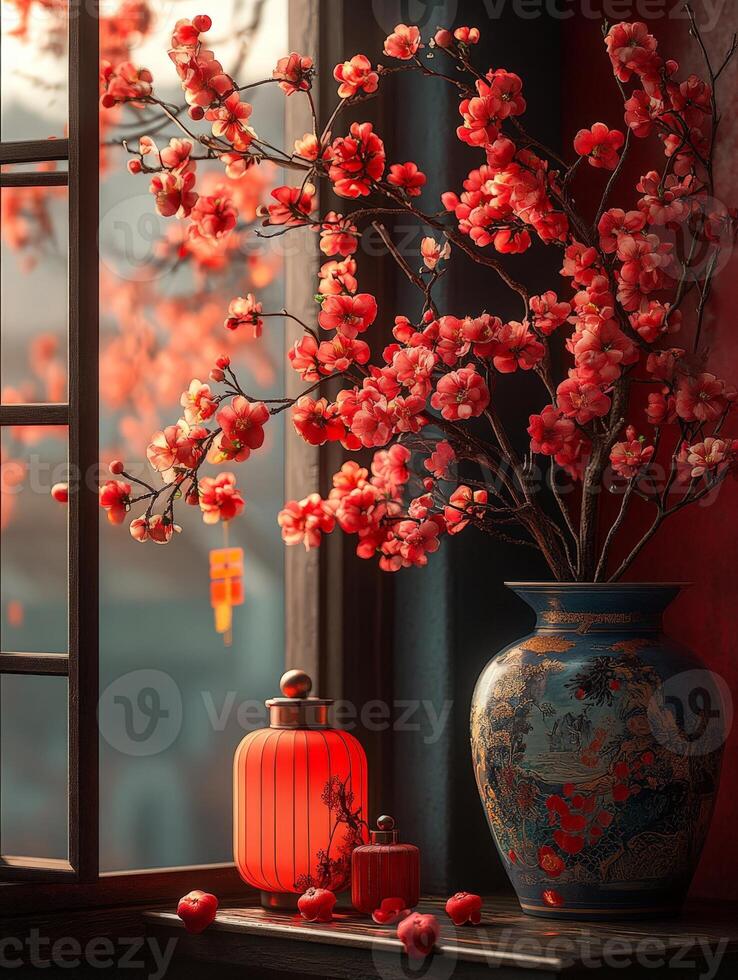 A serene indoor scene featuring a vase of cherry blossoms and decorative lanterns. photo