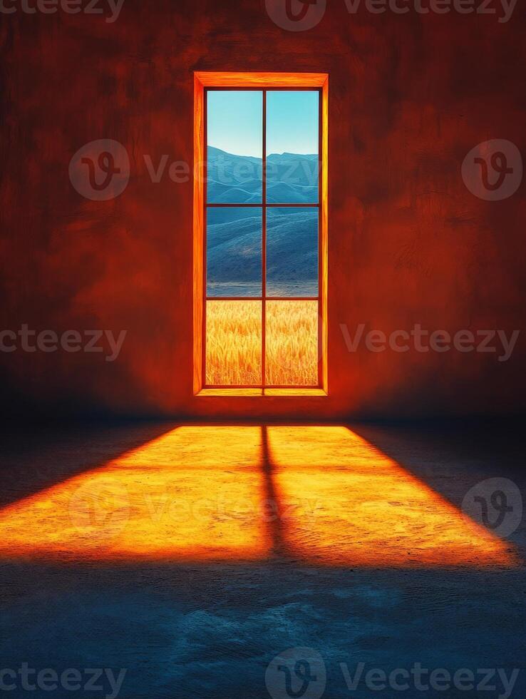 A warm, illuminated window reveals a serene landscape of mountains and golden fields. photo