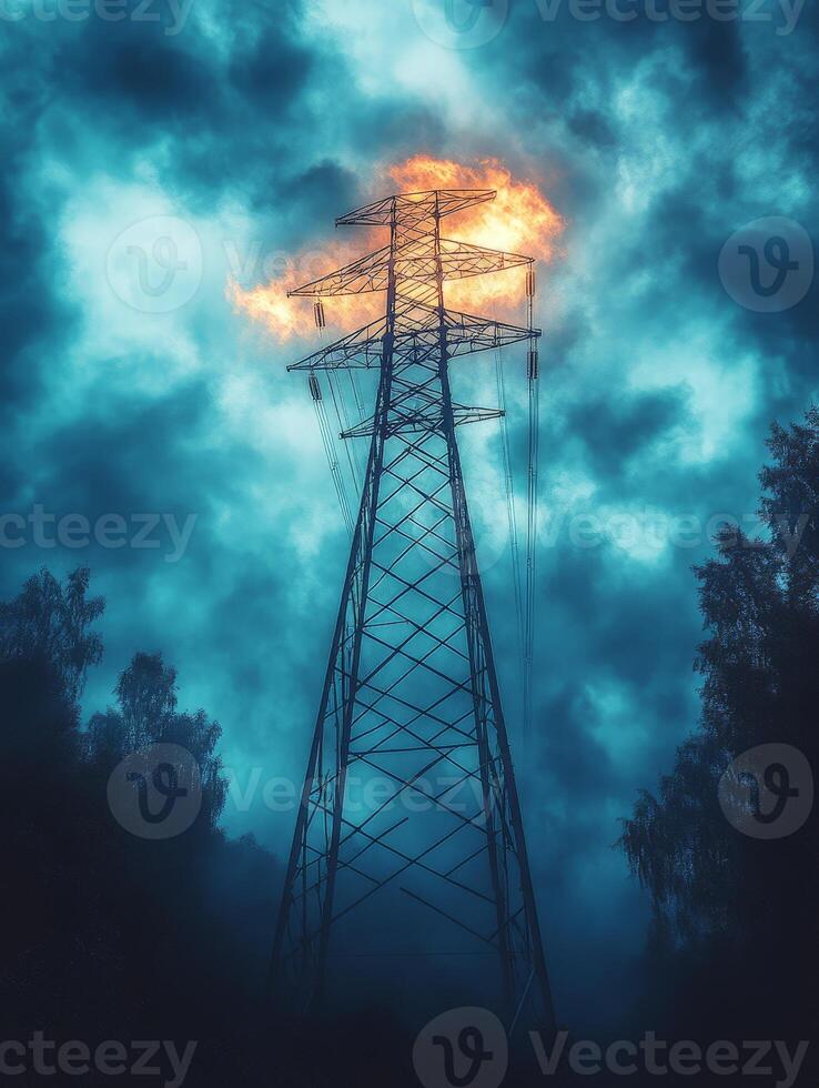 A power tower engulfed in flames against a moody, cloudy sky. photo