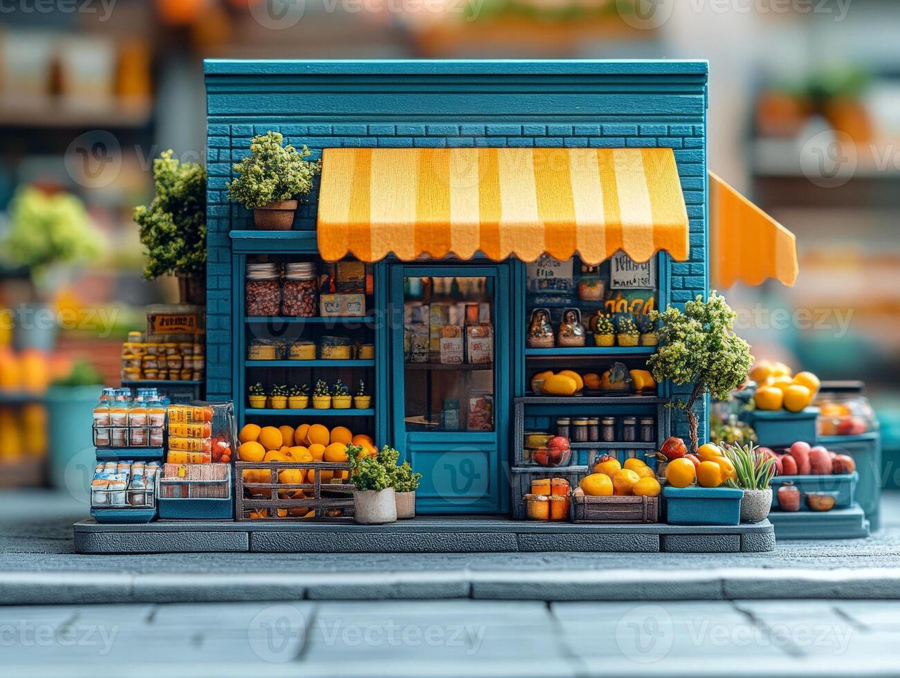 A colorful miniature grocery store with fruits and vegetables displayed outside. photo