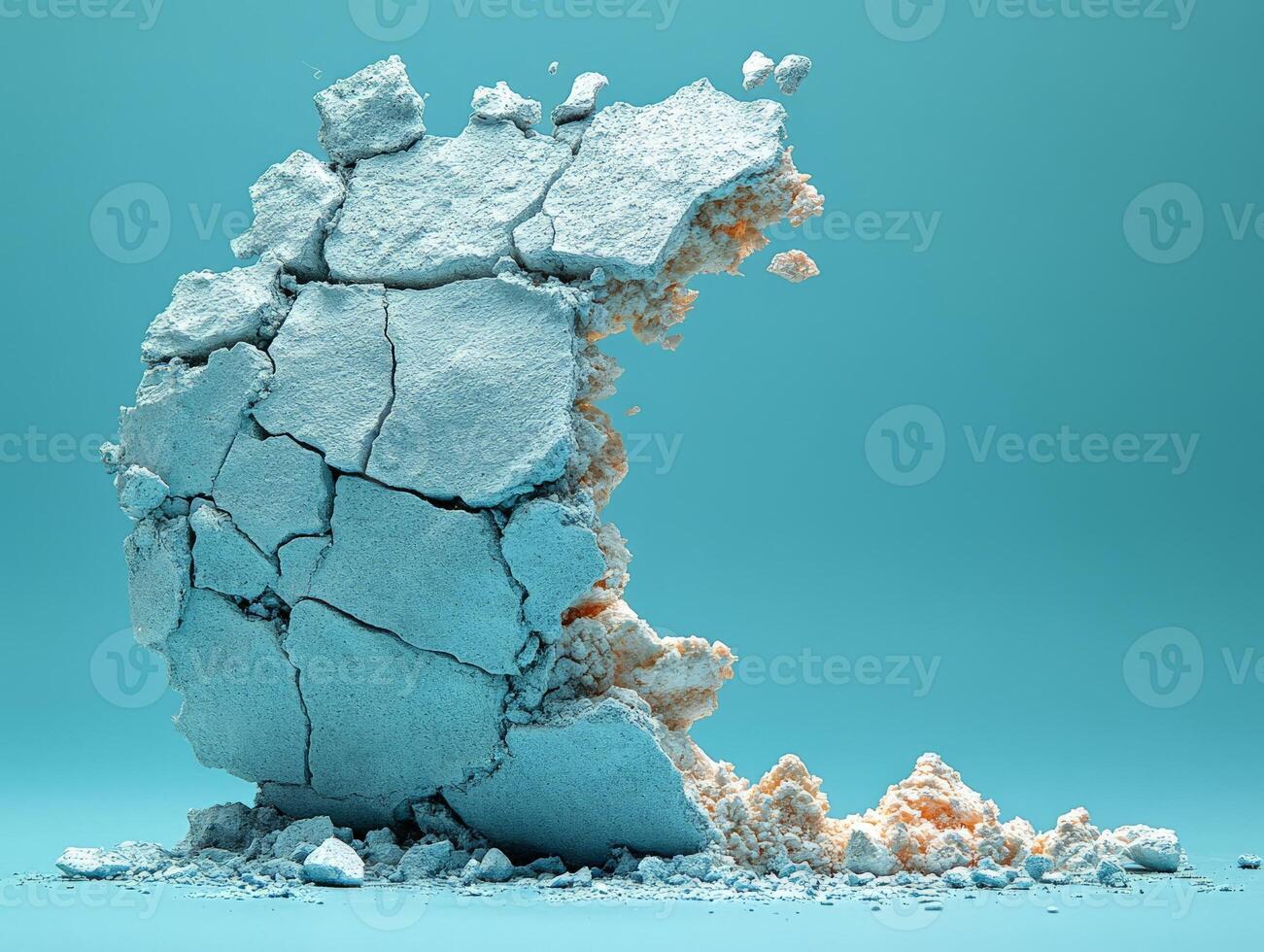 A fragmented structure with a textured surface against a solid blue background. photo