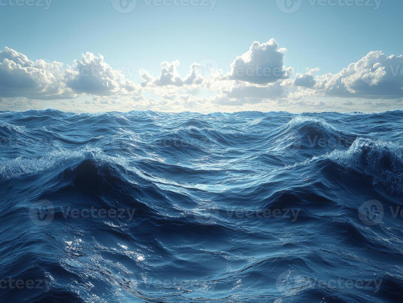 A serene view of ocean waves under a bright sky with scattered clouds. photo