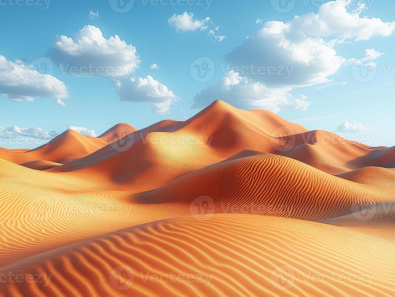 A serene desert landscape with rolling sand dunes under a bright blue sky and fluffy clouds. photo