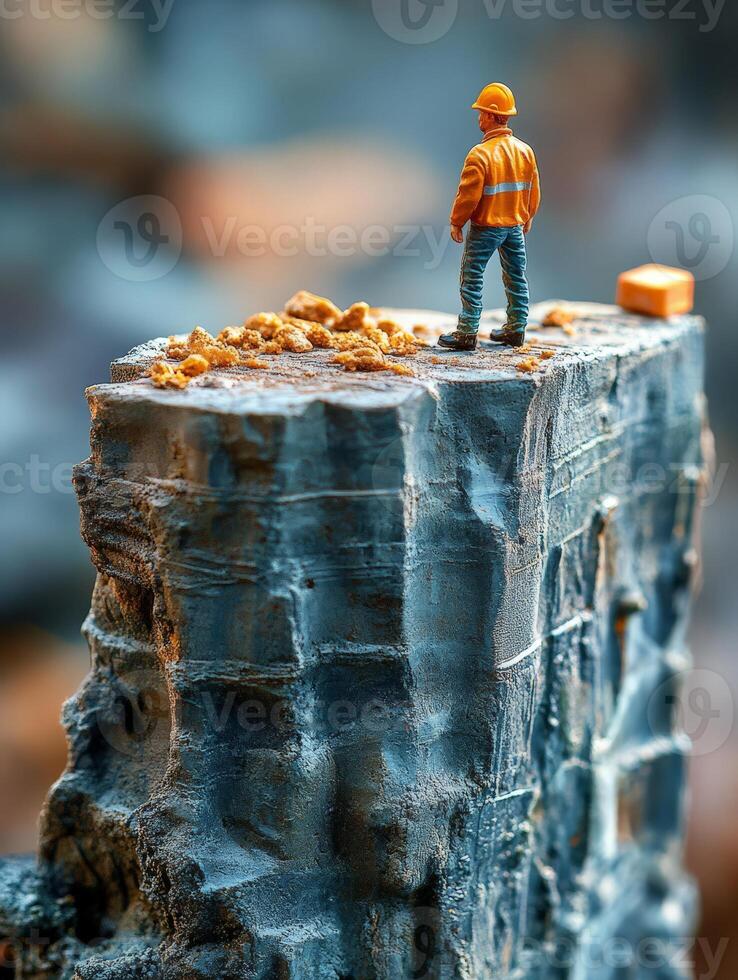 A miniature construction worker stands atop a rocky ledge, surveying the landscape. photo