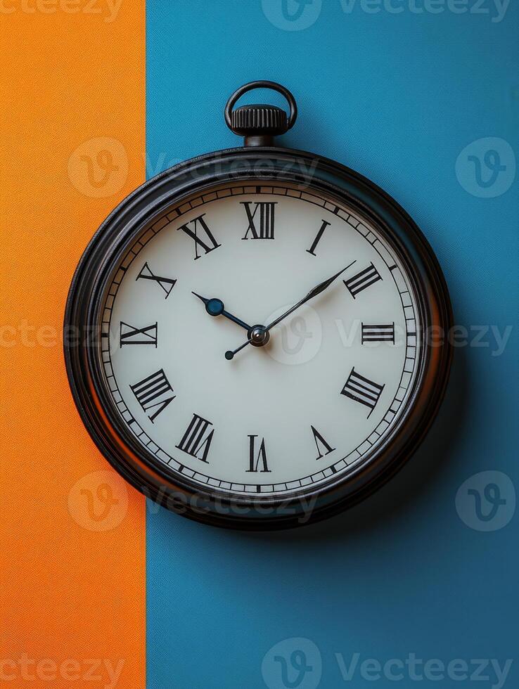 A vintage pocket watch displayed against a split-color background of orange and blue. photo