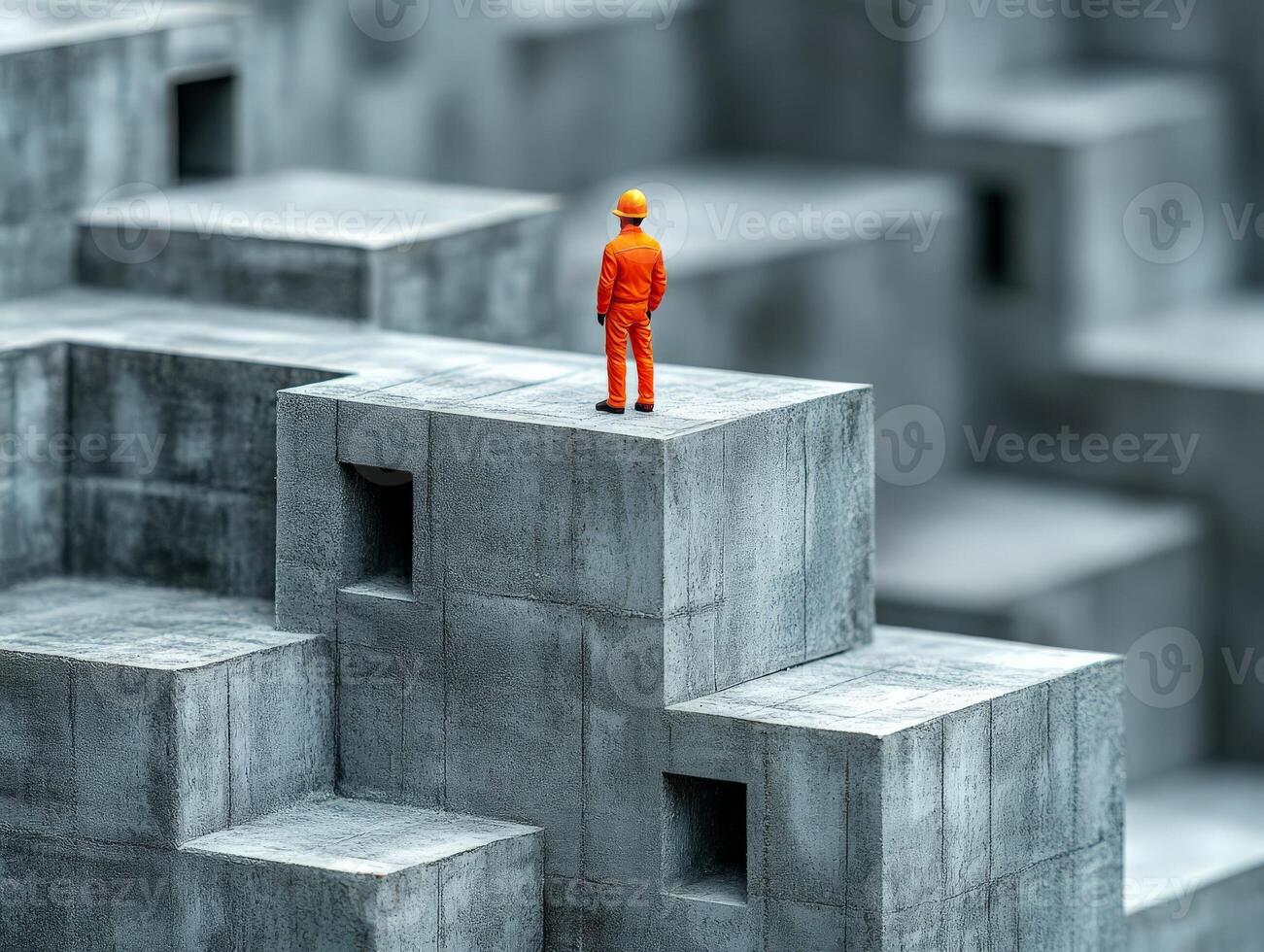A miniature figure in an orange outfit stands atop a concrete structure, symbolizing exploration. photo