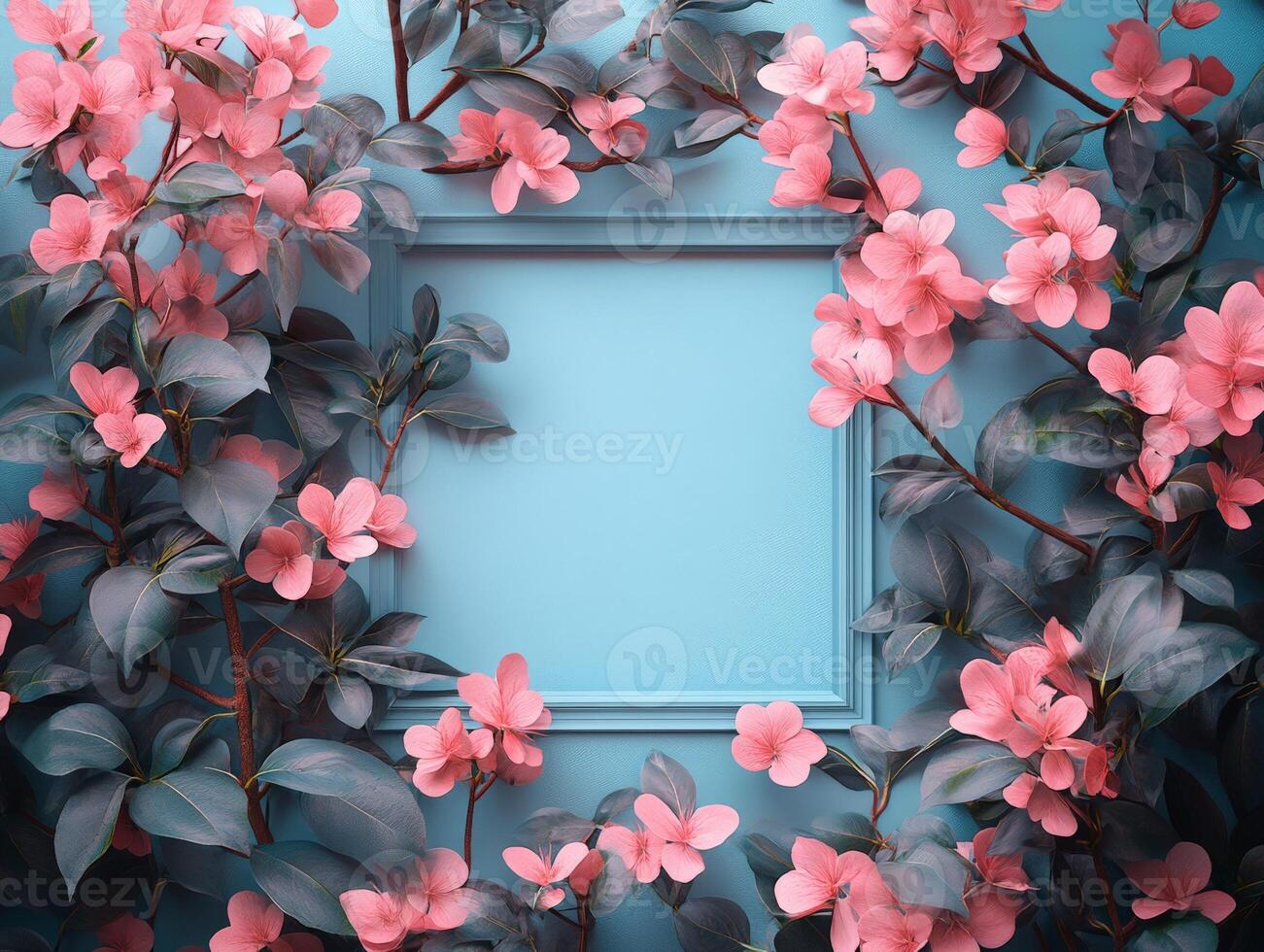 A vibrant floral frame with pink flowers against a blue background, ideal for decoration or design. photo