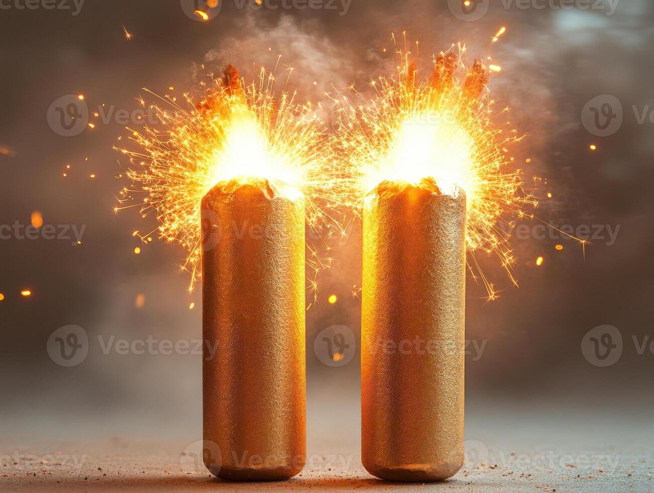 Two explosive devices emitting sparks and flames in a dramatic display. photo