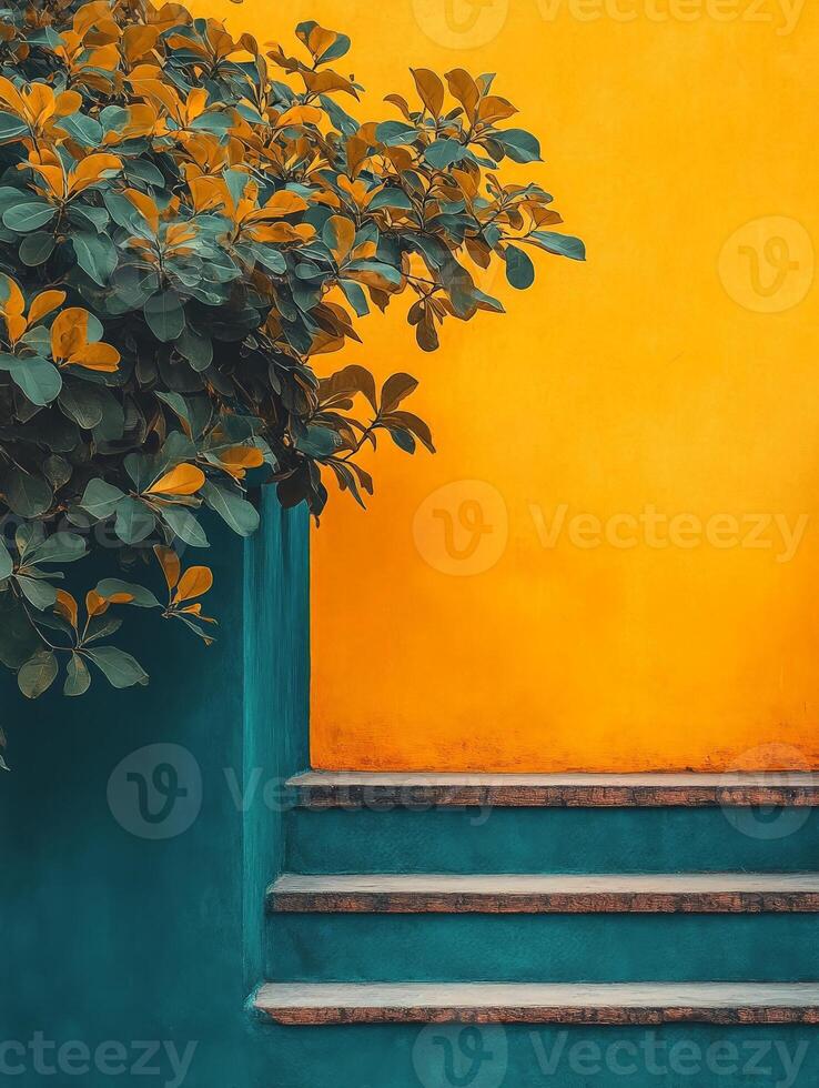 A vibrant staircase with lush foliage against a bright yellow wall. photo