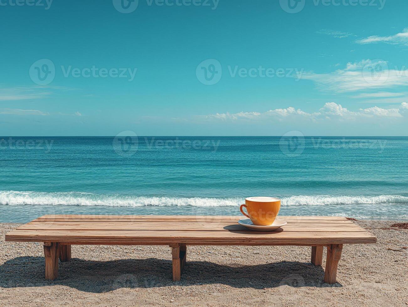 A serene beach scene featuring a wooden bench and a yellow cup on a plate by the sea. photo