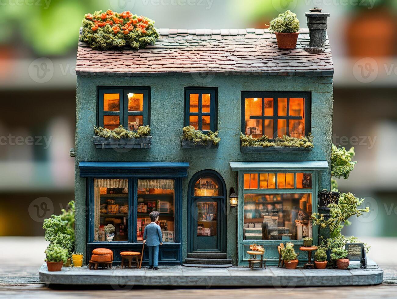 A charming miniature bookstore with a cozy, inviting atmosphere and lush greenery. photo