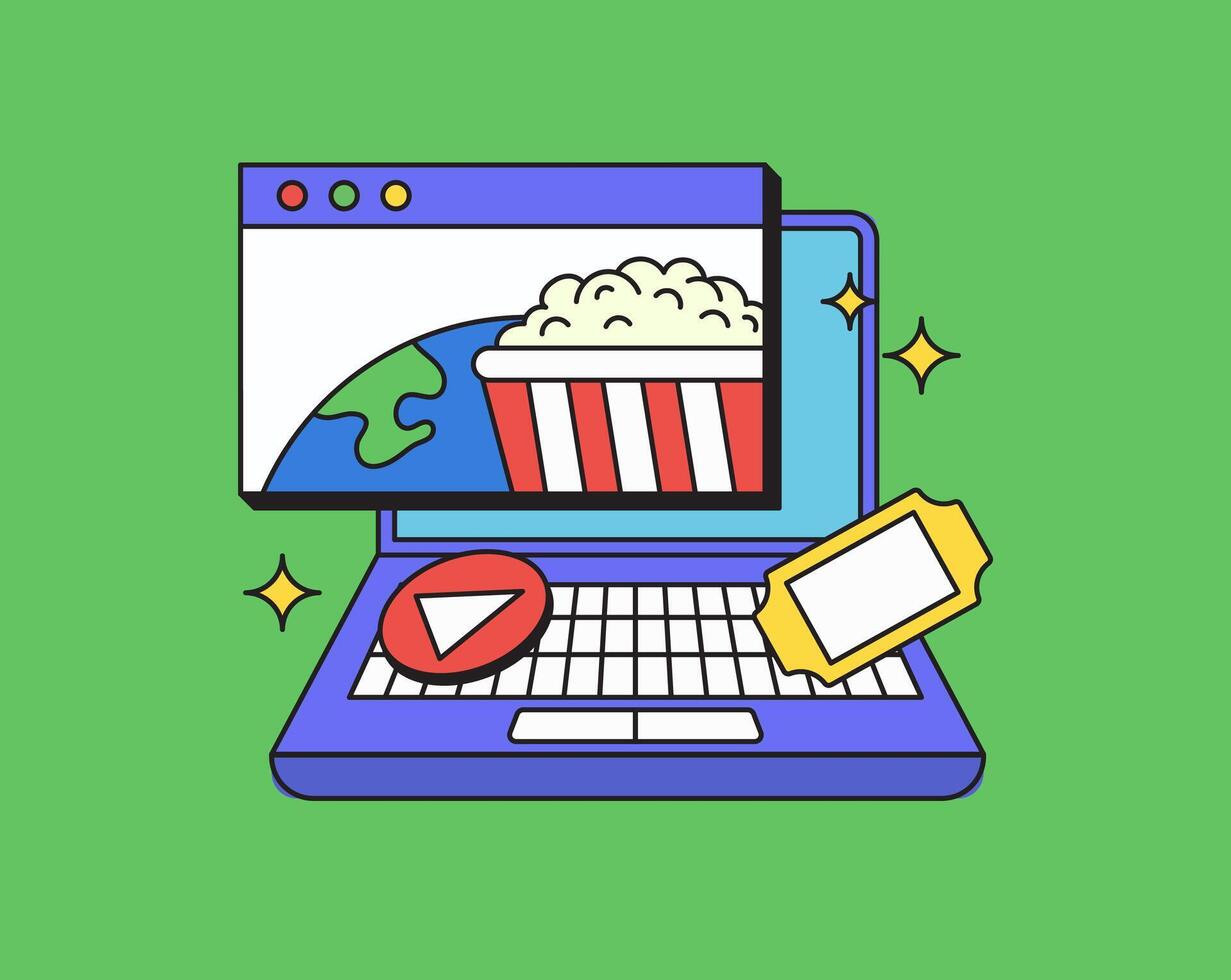 Movie online night on laptop or gadget vector