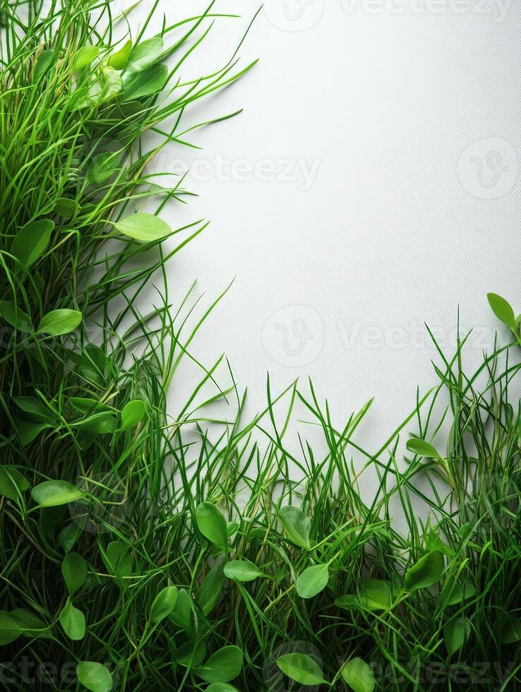A frame of green grass and leaves surrounding a blank space for text or design. photo