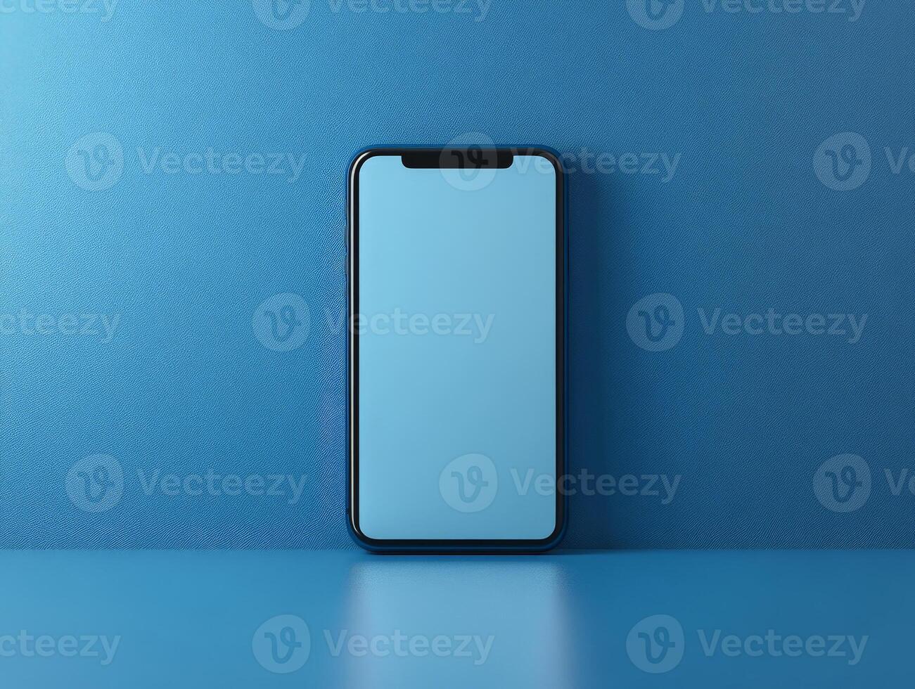 A smartphone displayed on a blue background, showcasing a blank screen. photo