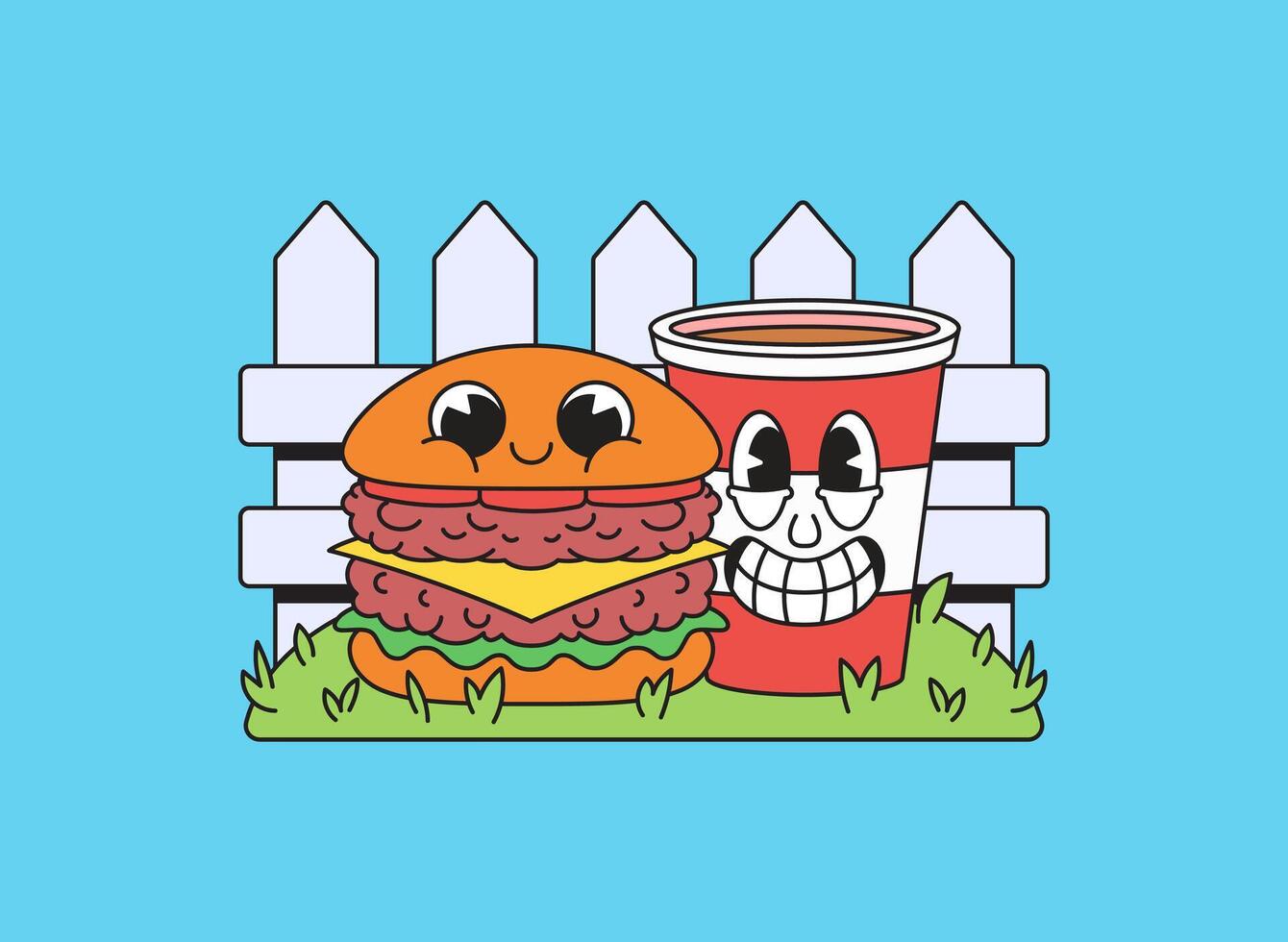 Cute character burger and drink characters by a fence vector
