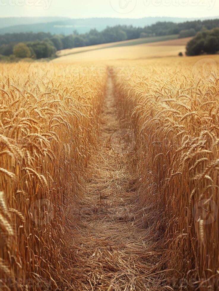 Golden wheat field with a pathway leading through the crops under a clear sky. photo