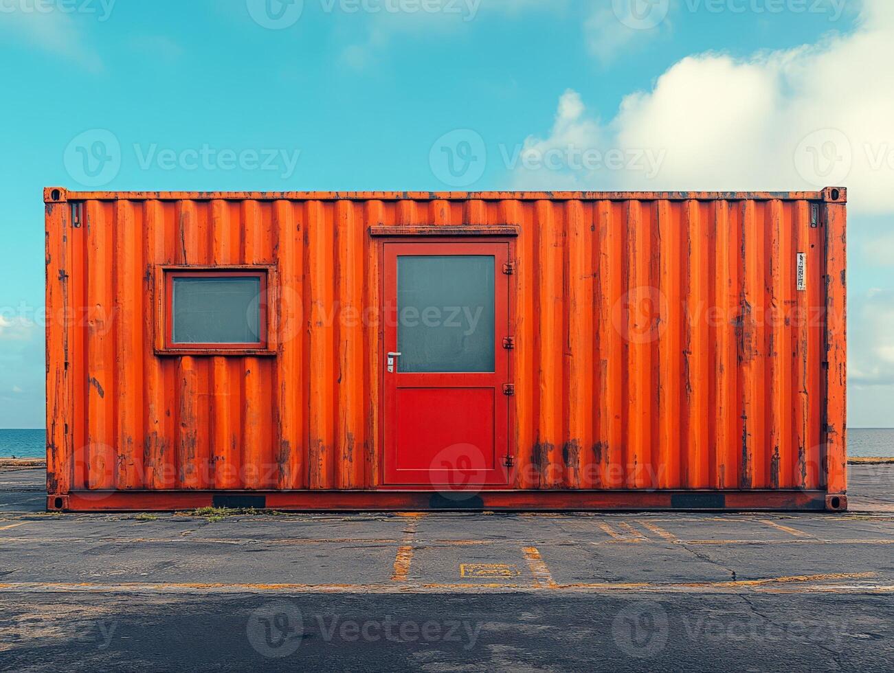 An orange shipping container with a red door and window by the seaside. photo