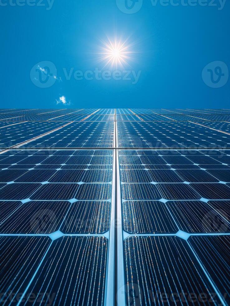 A close-up view of solar panels under a bright sun, highlighting renewable energy technology. photo