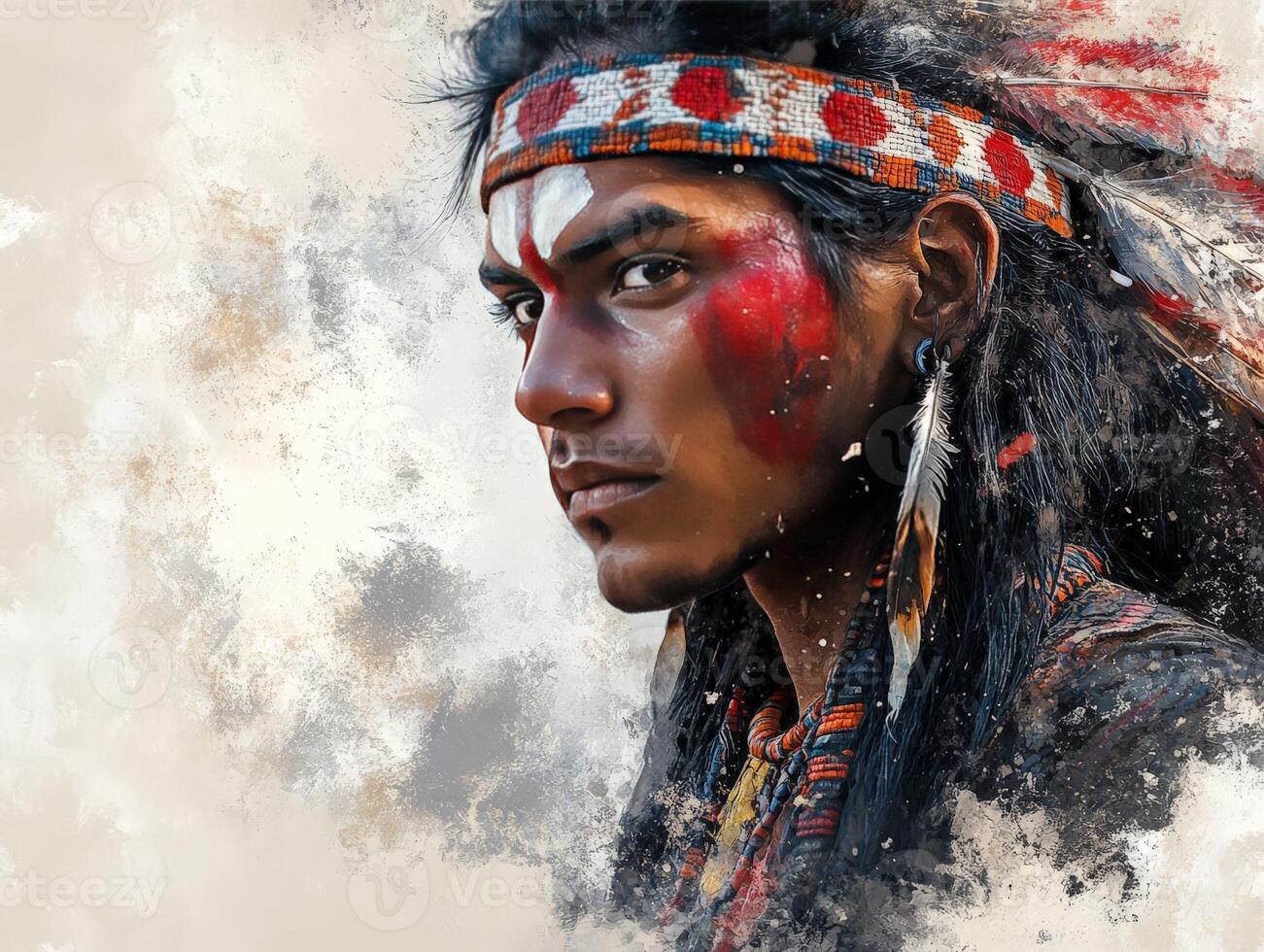 A portrait of a young man with traditional face paint and feathers, embodying cultural heritage. photo