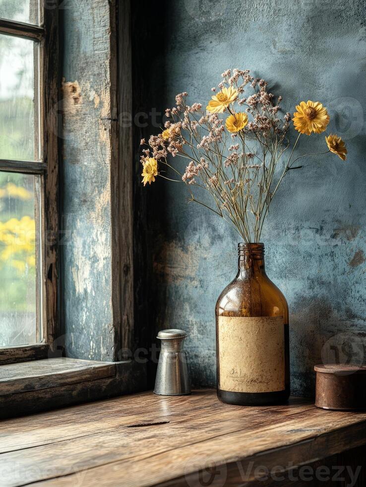 A rustic vase with dried flowers on a wooden table by a window. photo