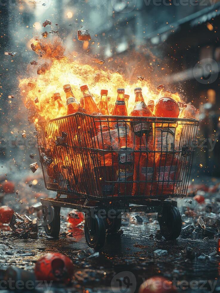 A shopping cart filled with exploding bottles amidst a chaotic urban setting. photo