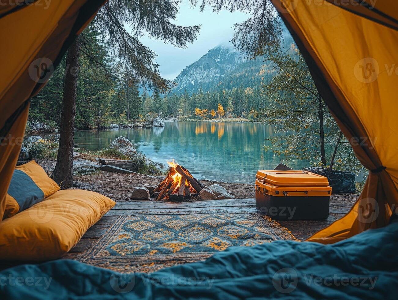 Cozy camping scene with a tent, fire, and serene lake view surrounded by mountains. photo