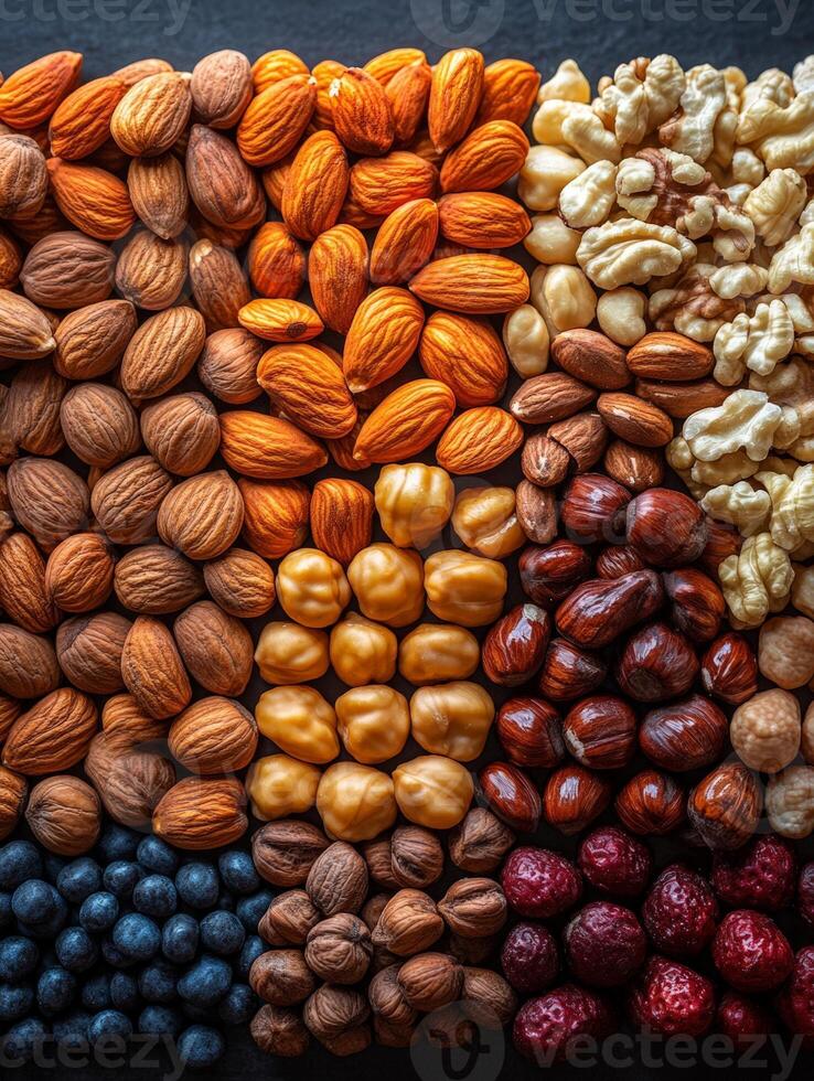 A colorful assortment of nuts and dried fruits arranged aesthetically. photo