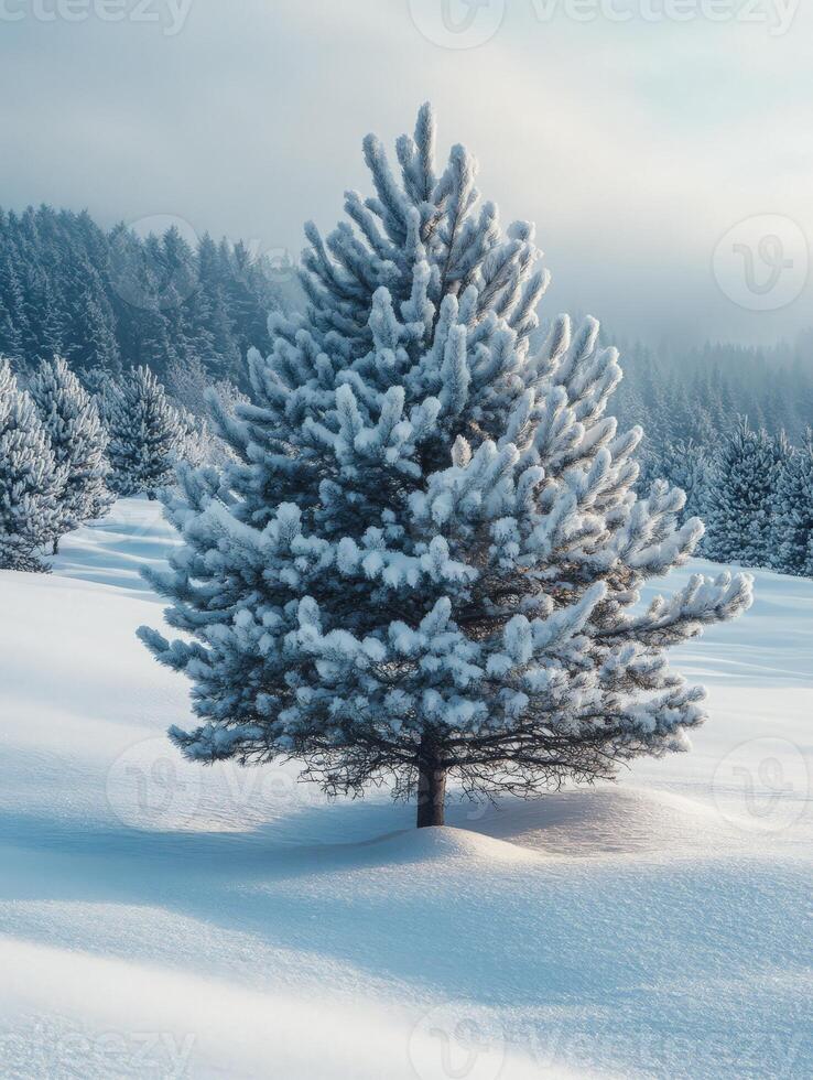 A snowy landscape featuring a frosted pine tree surrounded by a winter wonderland. photo