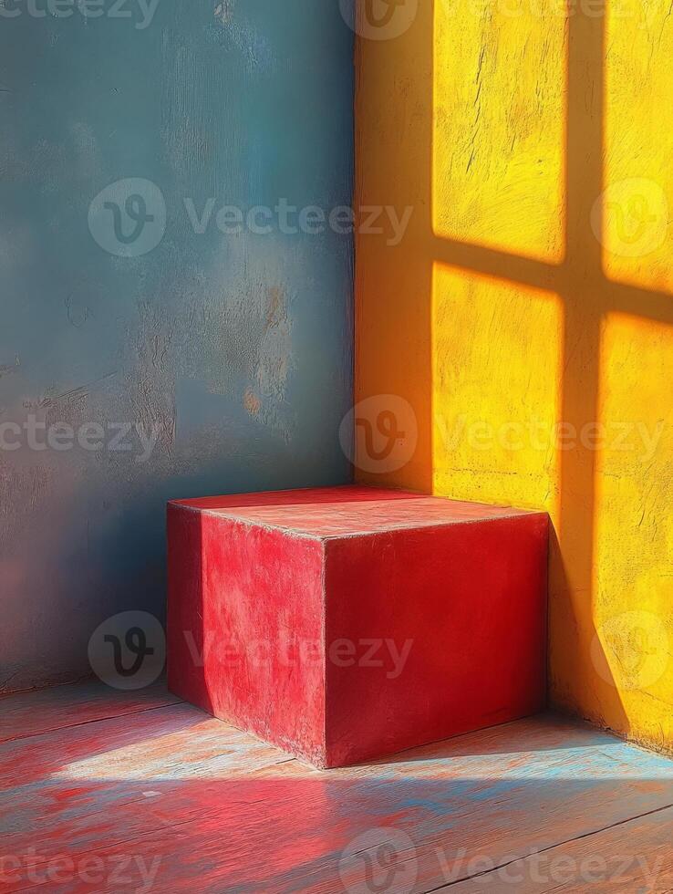 A colorful corner with a red cube and vibrant walls, showcasing light and shadow interplay. photo