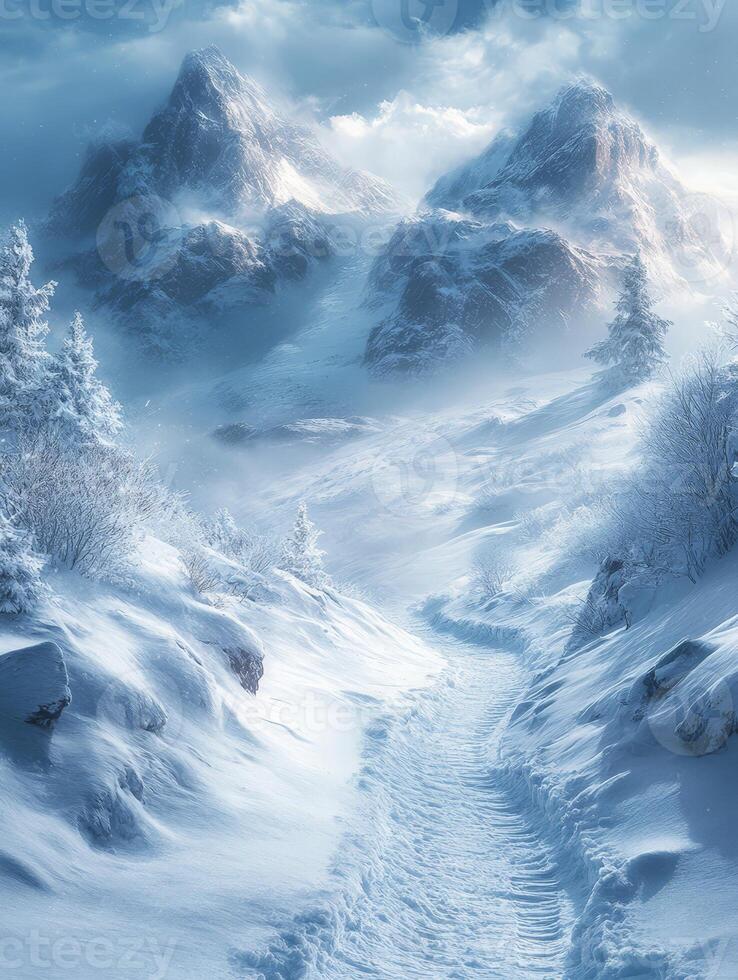 A serene winter landscape with snow-covered mountains and a winding path through the snow. photo