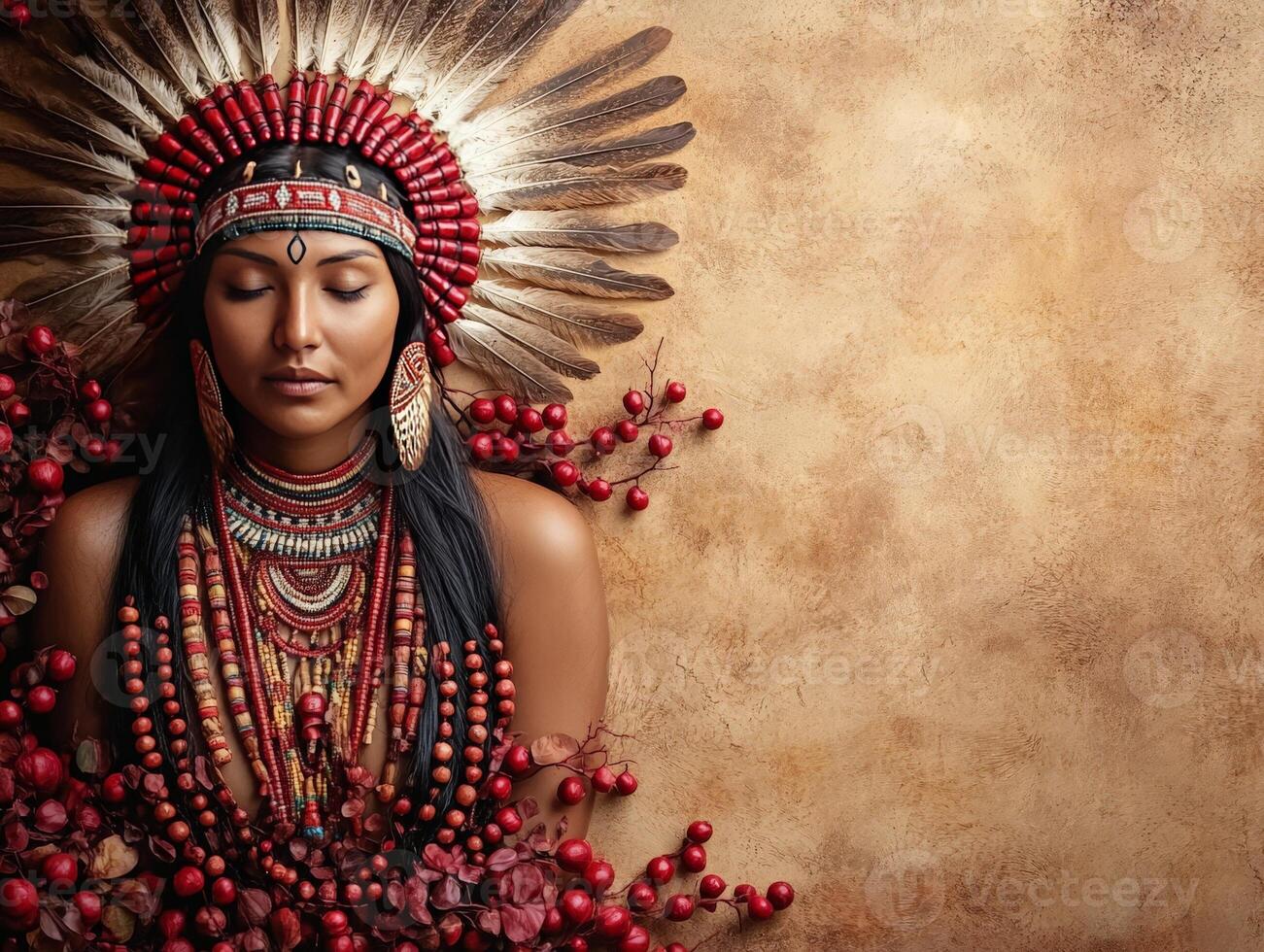 A serene portrait of a woman adorned with traditional jewelry and feathers against a textured background. photo