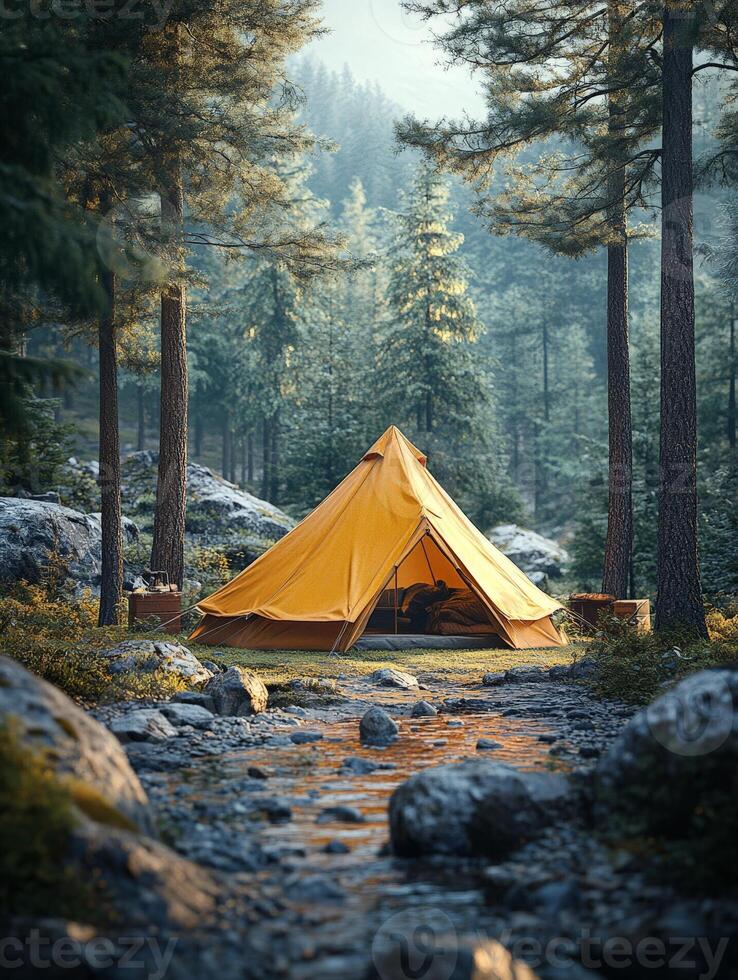 A serene yellow tent nestled by a stream in a lush forest setting. photo