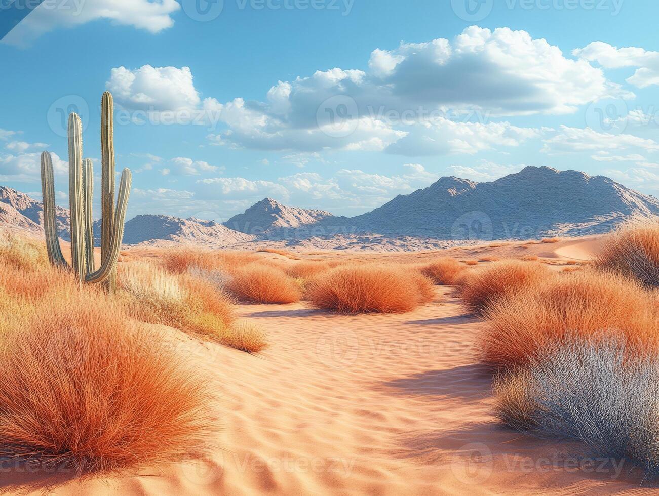 A serene desert landscape featuring cacti and vibrant grasses under a blue sky with clouds. photo